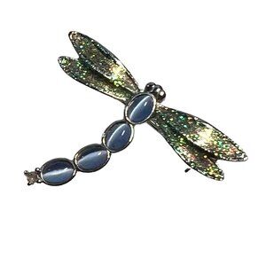 Vintage Dragonfly Brooch Green Glitter and Faux Blue Tiger Eye‎ Pin